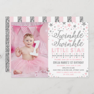 Silver & Pink Twinkle Little Star Birthday Invite