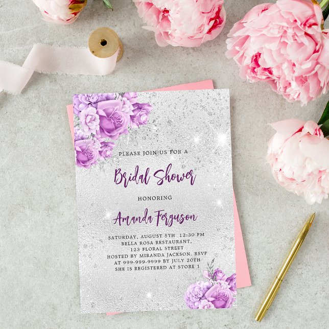 Silver pink violet flowers Bridal Shower Invitation (Creator Uploaded)