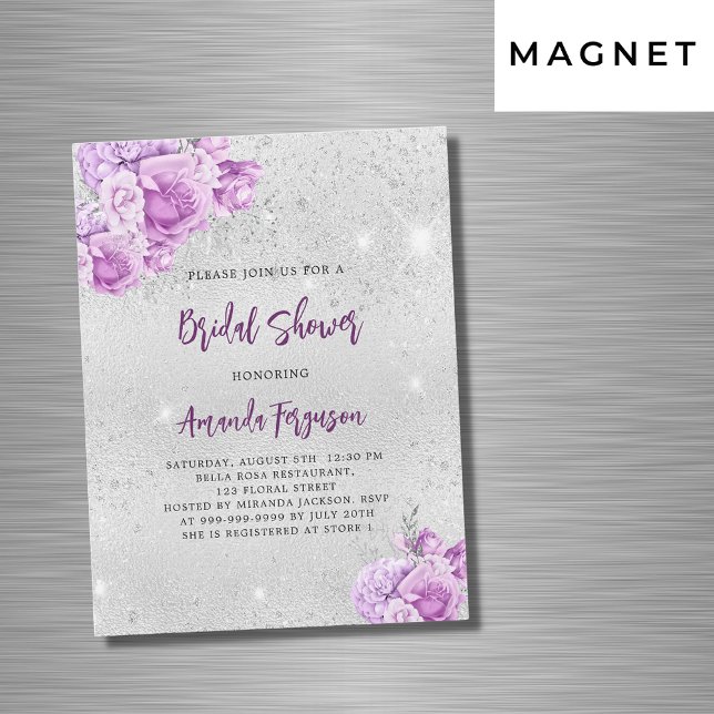 Silver pink violet flowers luxury Bridal Shower Magnetic Invitation (Creator Uploaded)