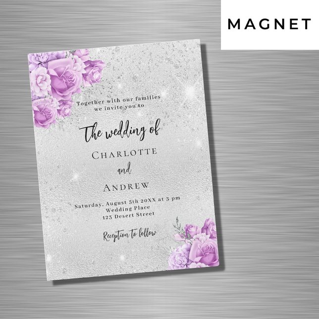 Silver pink violet flowers luxury wedding magnetic invitation (Creator Uploaded)
