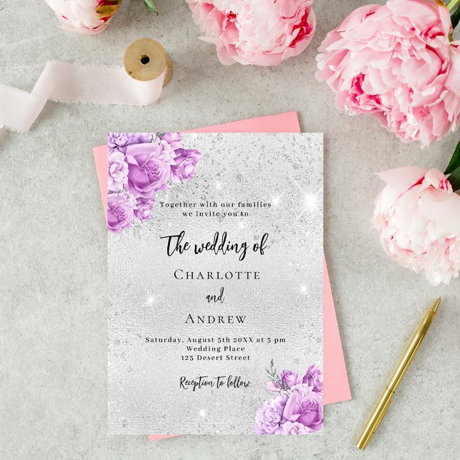 Silver pink violet flowers wedding invitation (Creator Uploaded)
