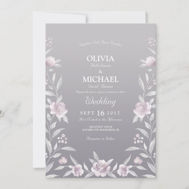 Silver pink watercolor floral Chinoiserie Wedding Invitation (Front)