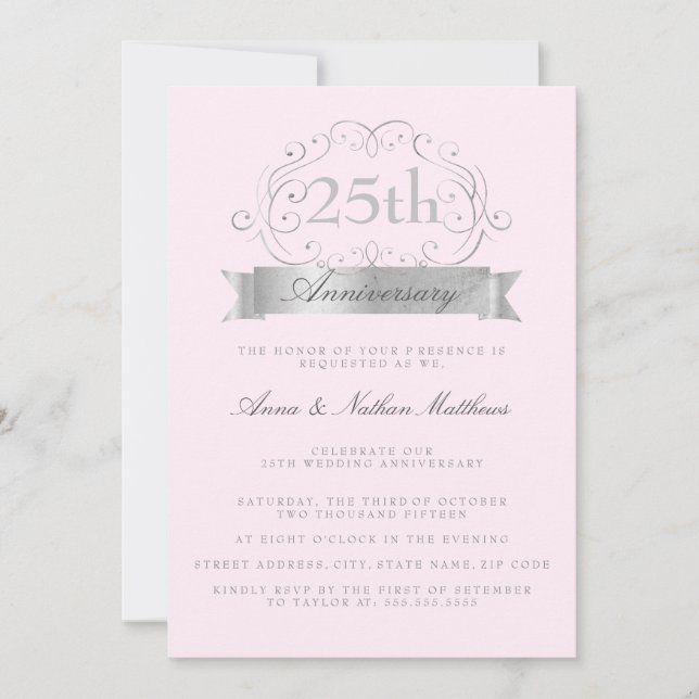 Silver & Pink Wedding 25th Anniversary Invitations (Front)