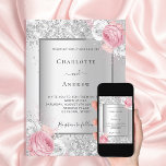 Silver pink white floral elegant wedding invitation<br><div class="desc">Faux silver looking background decorated with blush pink and white florals,  flowers and faux silver glitter,  sparkles. Personalise and add your names and wedding details. Black letters.</div>