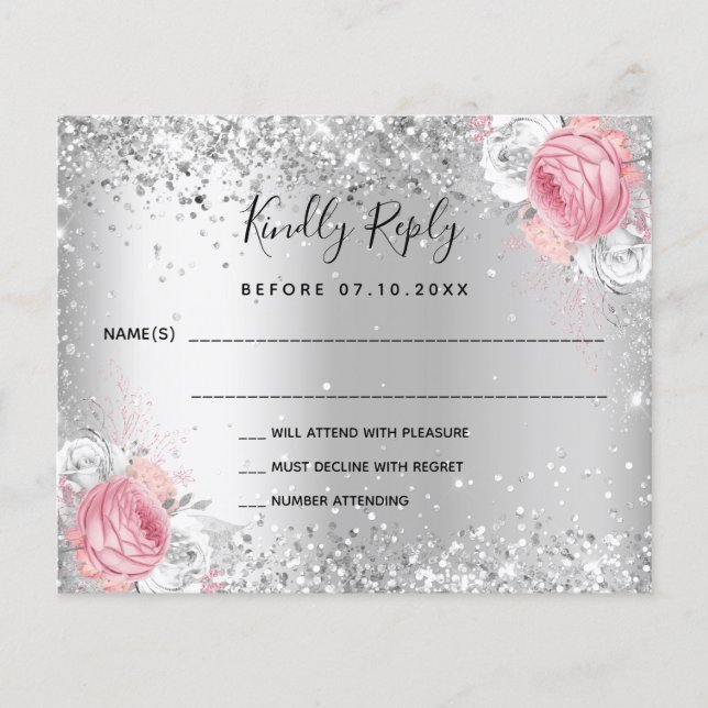 Silver pink white floral glitter wedding RSVP card (Front)