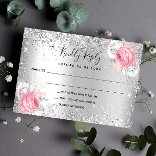 Silver pink white florals glitter wedding RSVP Card