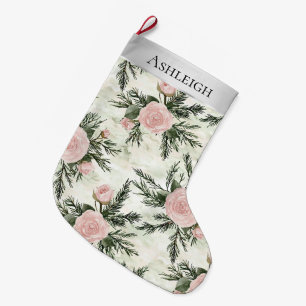 Silver Pink White Flowers Christmas Large Christmas Stocking