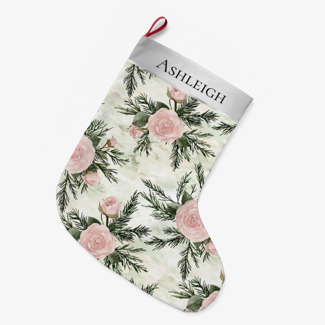Silver Pink White Flowers Christmas  Large Christmas Stocking (Front (Hanging))