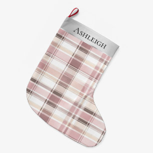Silver Pink White Plaid Stripes Christmas Large Christmas Stocking