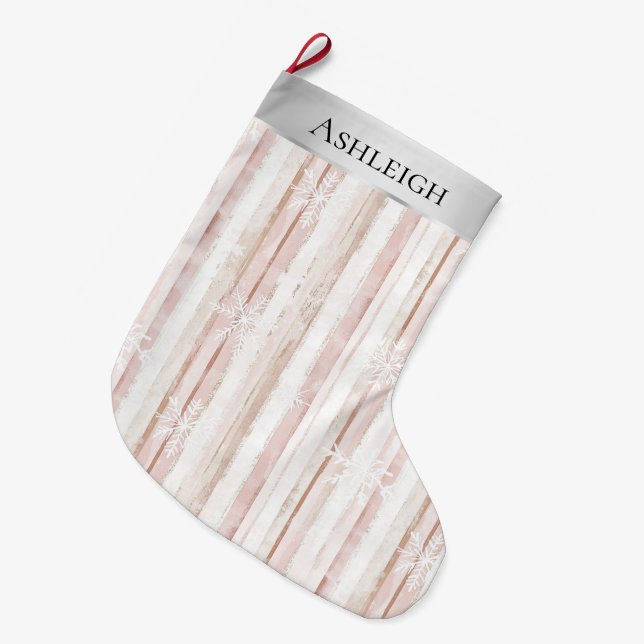 Silver Pink White Snowflakes Stripes Christmas  Large Christmas Stocking (Front (Hanging))