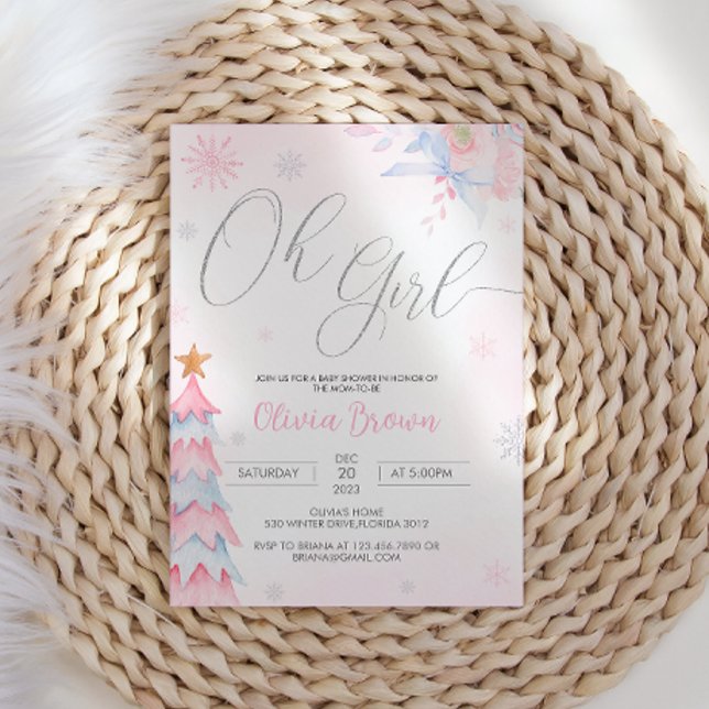 Silver & Pink Winter Oh Girl Baby Shower Invitation (Creator Uploaded)