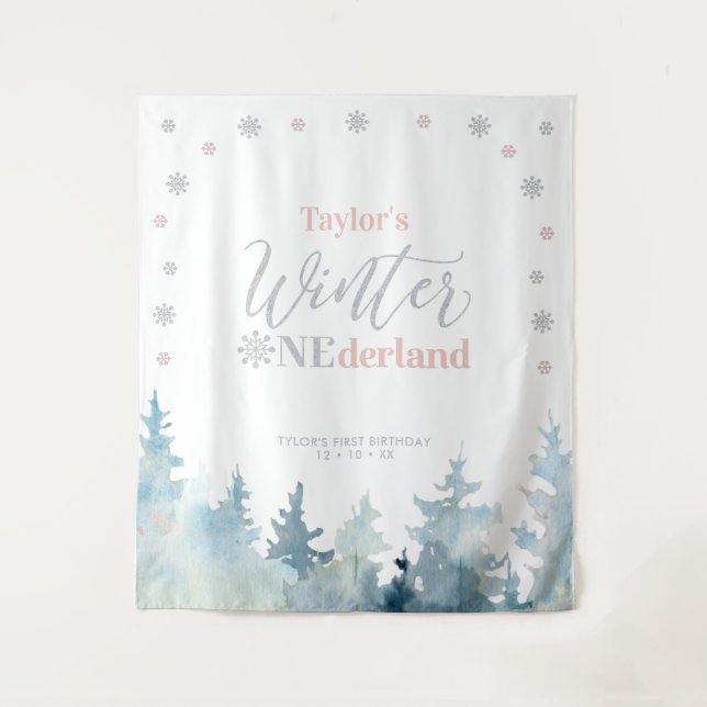 Silver Pink Winter onderland 1st Birthday Tapestry (Front)