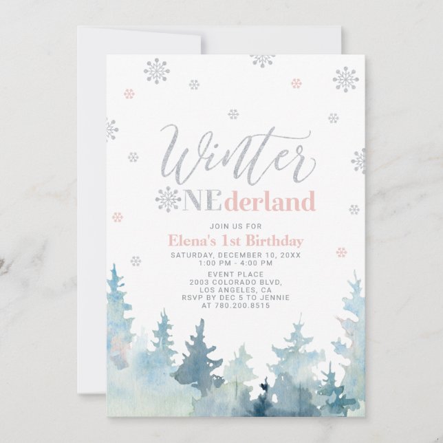Silver & Pink Winter onederland 1st birthday party Invitation (Front)