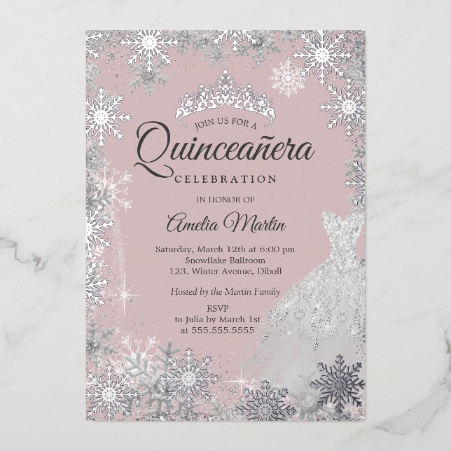 Silver Pink Winter Snowflake Quinceanera (Front)
