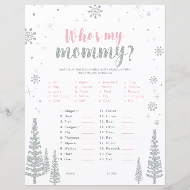 Silver & Pink Winter Wonderland Baby Shower Game (Front)