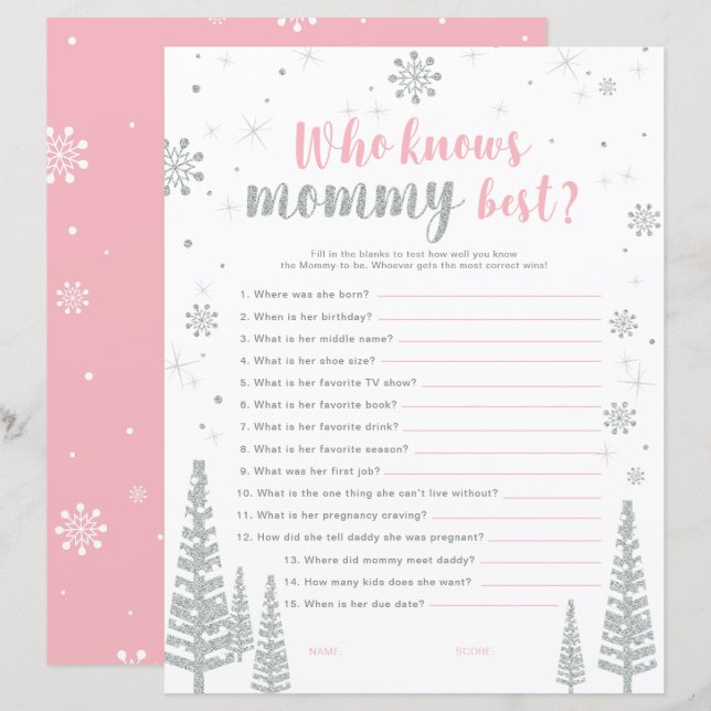 Silver & Pink Winter Wonderland Baby Shower Game (Front/Back)