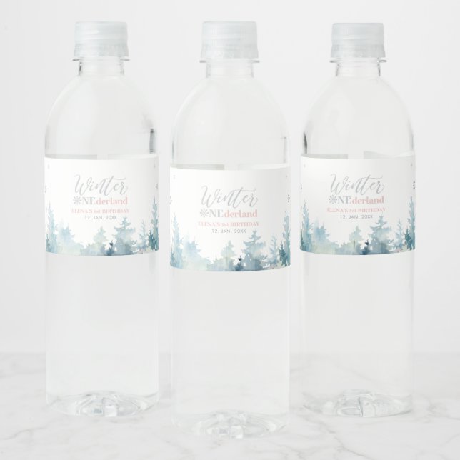Silver & Pink Winter Wonderland Birthday Party Water Bottle Label (Bottles)