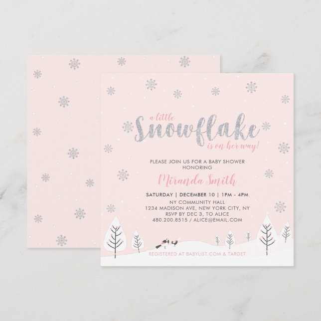 Silver & Pink Winter Wonderland Girl Baby Shower I Invitation (Front/Back)