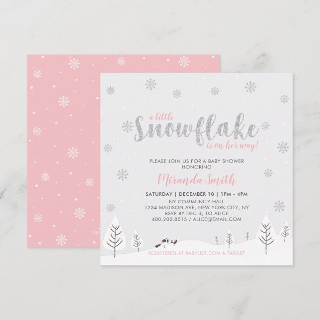 Silver & Pink Winter Wonderland Girl Baby Shower Invitation (Front/Back)