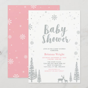 Silver & Pink Winter Wonderland Girl Baby Shower Invitation
