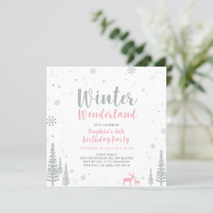 Silver, Pink Winter Wonderland Girl Birthday Party Invitation