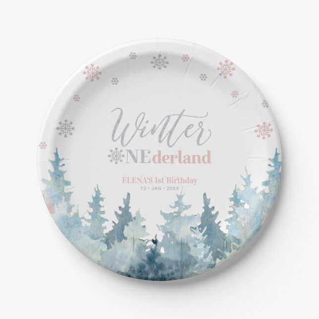 Silver & Pink Winter Wonderland Snow 1st Birthday Paper Plate (Front)