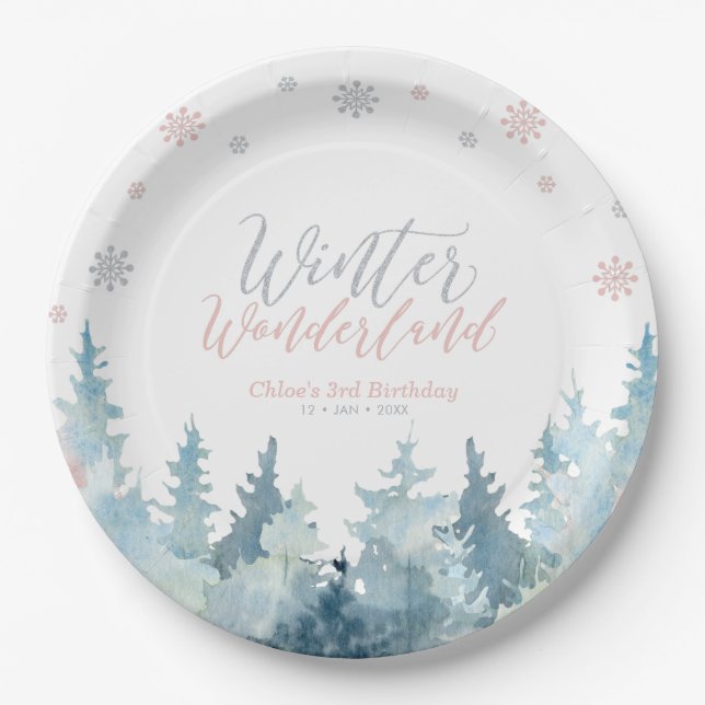 Silver & Pink Winter Wonderland Snowflake Birthday Paper Plate (Front)