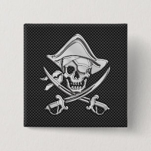 Silver Pirate on Black Carbon Fibre Decor 15 Cm Square Badge