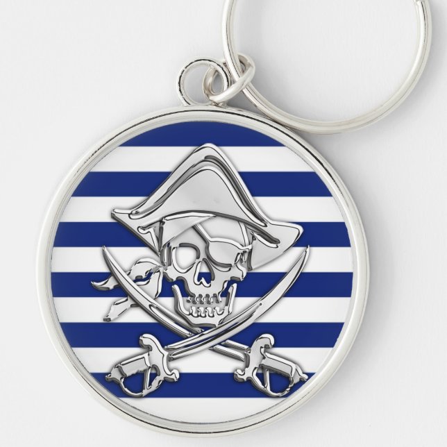 Silver Pirate on Nautical Stripes Key Ring (Front)