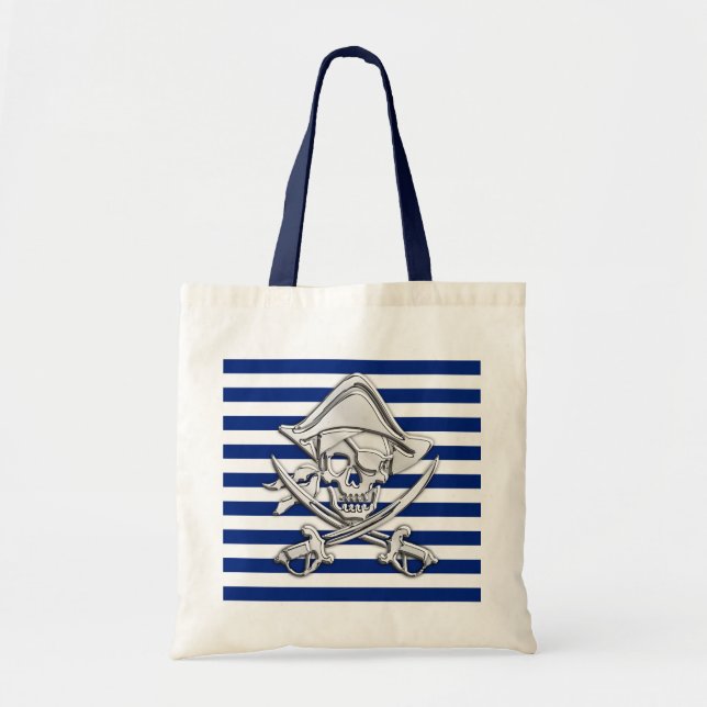 Silver Pirate on Nautical Stripes Tote Bag (Front)