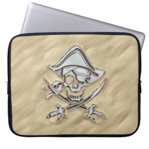 Silver Pirate Skull in the Sand Scene Laptop Sleeve