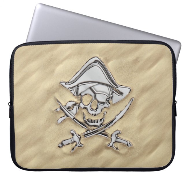 Silver Pirate Skull in the Sand Scene Laptop Sleeve (Front)