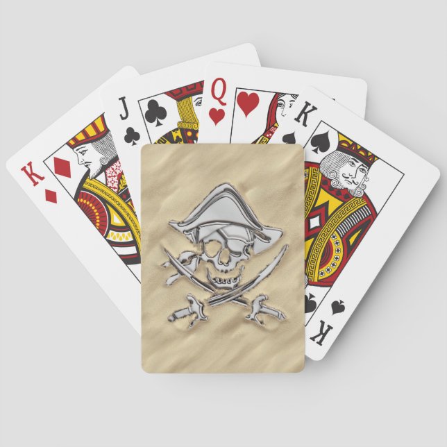 Silver Pirate Skull on the Beach Playing Cards (Back)