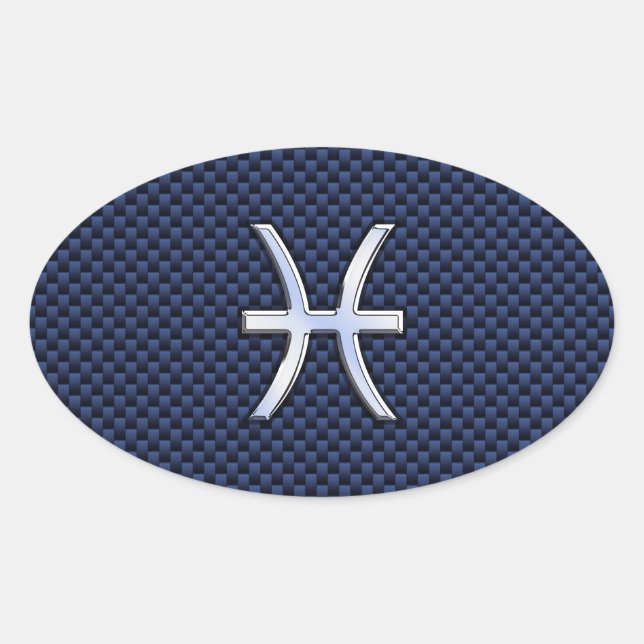 Silver Pisces Zodiac Sign Blue Carbon Fiber Print Oval Sticker (Front)