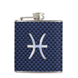 Silver Pisces Zodiac Sign Blue Carbon Fibre Print Hip Flask