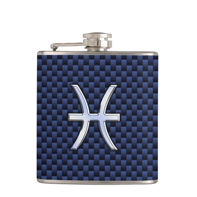 Silver Pisces Zodiac Sign Blue Carbon Fibre Print Hip Flask (Front)