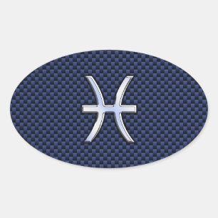 Silver Pisces Zodiac Sign Blue Carbon Fibre Print Oval Sticker