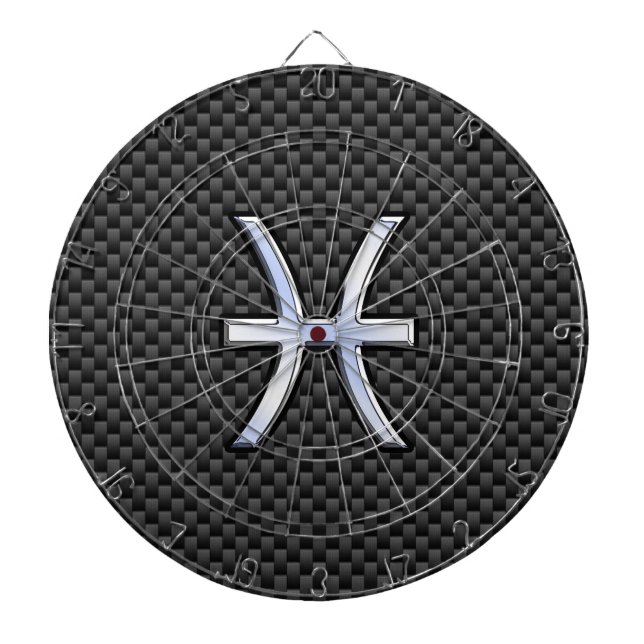 Silver Pisces Zodiac Sign on Carbon Fiber Print Dartboard (Front)