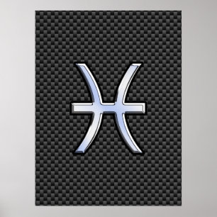 Silver Pisces Zodiac Sign on Carbon Fibre Print
