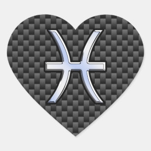 Silver Pisces Zodiac Sign on Carbon Fibre Print Heart Sticker