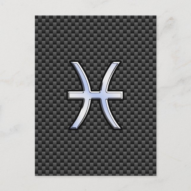 Silver Pisces Zodiac Sign on Carbon Fibre Print Postcard (Front)