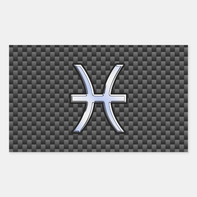 Silver Pisces Zodiac Sign on Carbon Fibre Print Rectangular Sticker (Front)