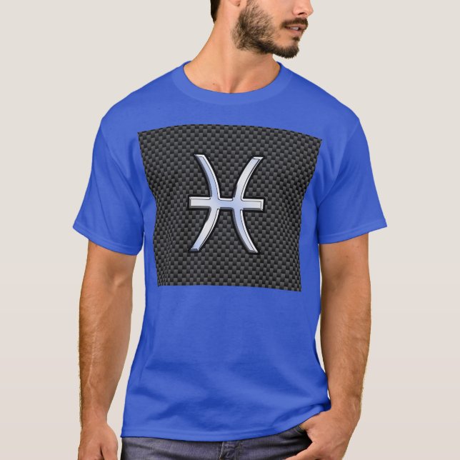 Silver Pisces Zodiac Sign on Carbon Fibre Print T-Shirt (Front)