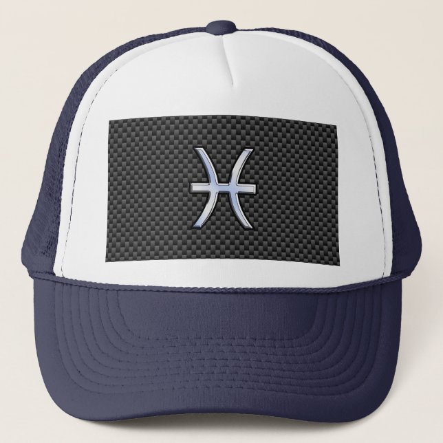 Silver Pisces Zodiac Sign on Carbon Fibre Print Trucker Hat (Front)