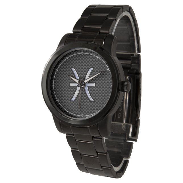 Silver Pisces Zodiac Sign on Carbon Fibre Print Watch (Angled)