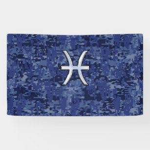 Silver Pisces Zodiac Symbol Navy Blue Digital Camo Banner