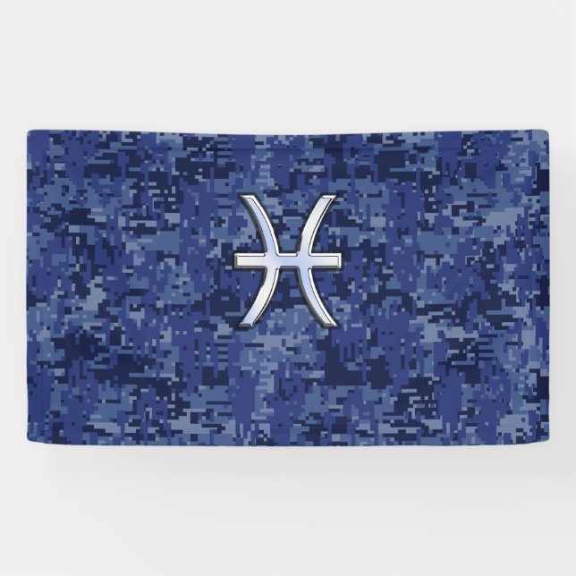Silver Pisces Zodiac Symbol Navy Blue Digital Camo Banner (Horizontal)
