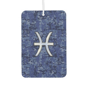 Silver Pisces Zodiac Symbol Navy Blue Digital Camo Car Air Freshener