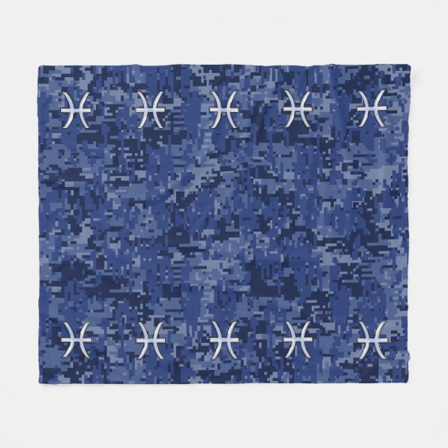 Silver Pisces Zodiac Symbol Navy Blue Digital Camo Fleece Blanket (Front (Horizontal))