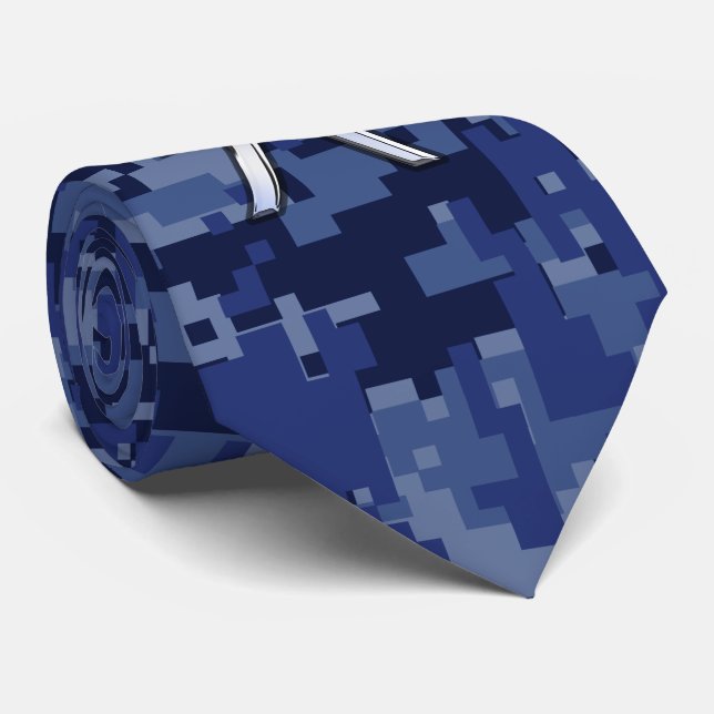 Silver Pisces Zodiac Symbol Navy Blue Digital Camo Tie (Rolled)